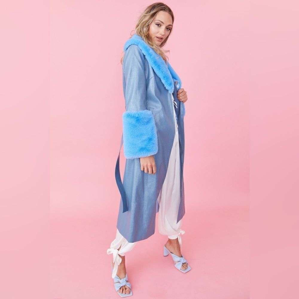 JAYLEY Blue Faux Lrather Jacket With Detachable Faux Fur
